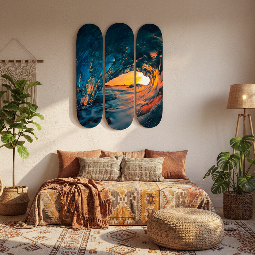 Tríptico de skateboards en sala bohemia